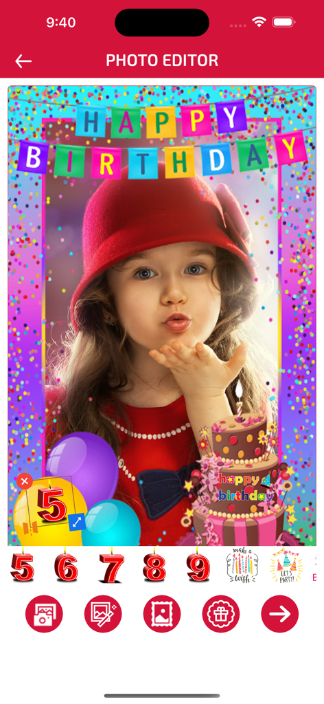 Birthday Wishes & Cards - Écran d'édition de photos d'anniversaire montrant la photo d'un enfant avec des cadres festifs d'anniversaire, des ballons et des autocollants