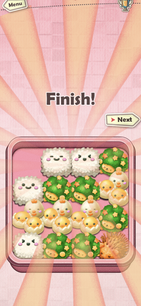 Fluffy and Soft! Cute Lunchbox - A completed level in the Fluffy and Soft Cute Lunchbox game with kawaii food characters