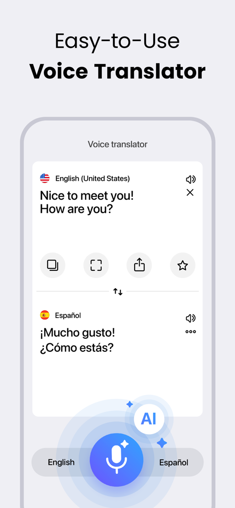 Smartphone interface showing real-time voice translation from English to Spanish using AI.