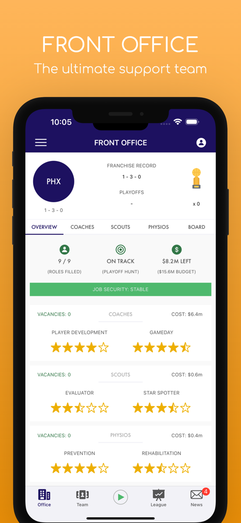 Pocket GM: Basketball Sim - Front office dashboard showing staff ratings and budget for a basketball team