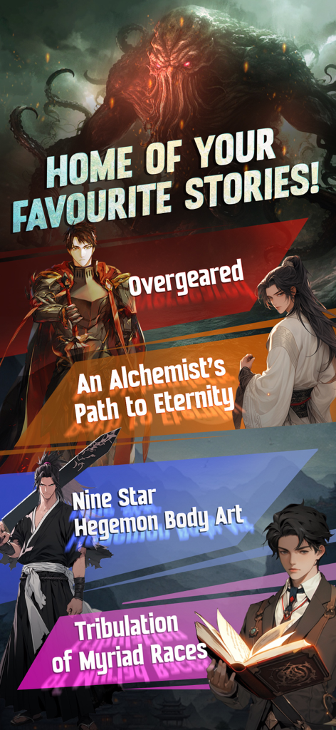 Wuxiaworld - Online Novels - Promotional graphic for Wuxiaworld showing popular novel titles like Overgeared and Nine Star Hegemon Body Art with fantasy character illustrations