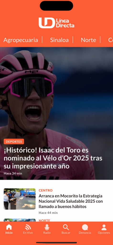Línea Directa - Interfaz de la aplicación Línea Directa mostrando noticias mexicanas y un menú de navegación