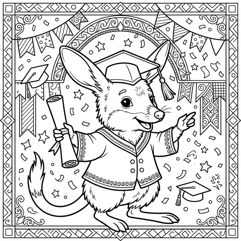 Dive into the festive spirit of graduation with this charming bilby coloring page designed especially for teens. Featuring a smart bilby in a cap and gown amidst confetti, it's a perfect blend of celebration and creativity.