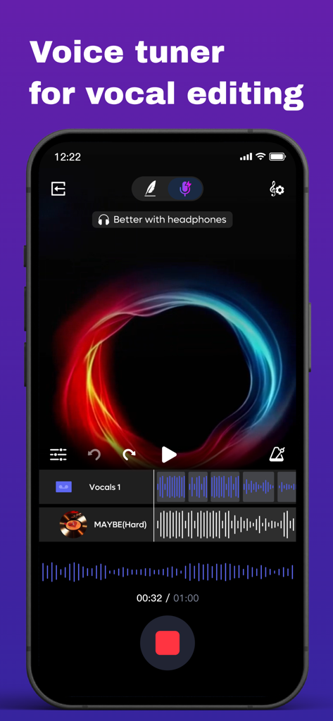 Voicely : Ringtone & AI Voice - A mobile smartphone interface for voice tuning and vocal editing with visible audio tracks and waveforms.