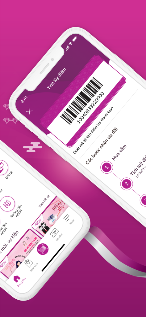 AEON Vietnam - Interfaz de la aplicación móvil AEON Vietnam que muestra un código de barras de membresía y puntos de recompensa