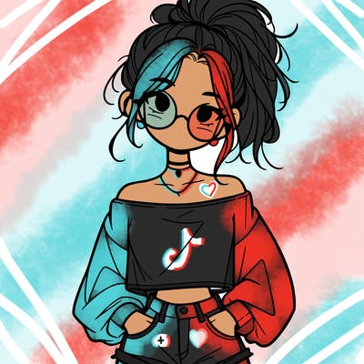 girl with a messy ponytail glasses a baggy crop top and jean shorts