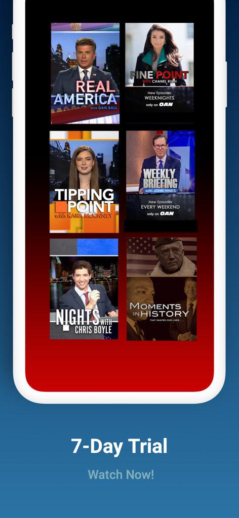 OAN Live mobile app interface displaying a selection of news programs and a 7-day trial offer.