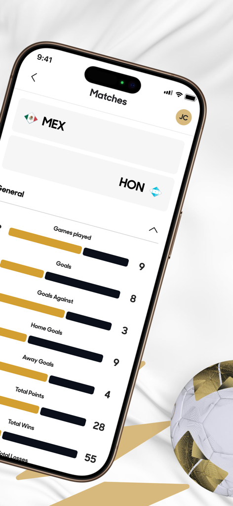Concacaf Official - Smartphone screen showing a comparison of team statistics for a Mexico vs Honduras match in the Concacaf Official app.