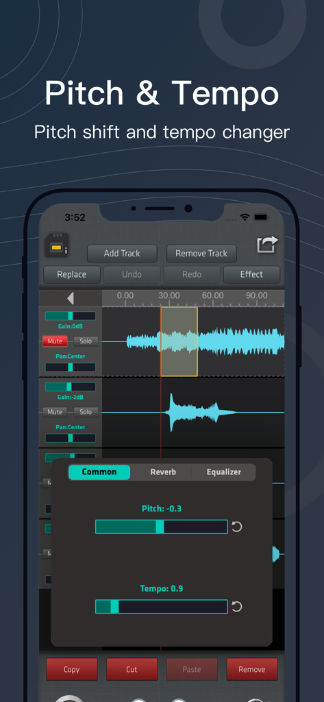 SoundLab - Audio Editor - Interface of the SoundLab app showing pitch shift and tempo changer controls on multiple audio tracks