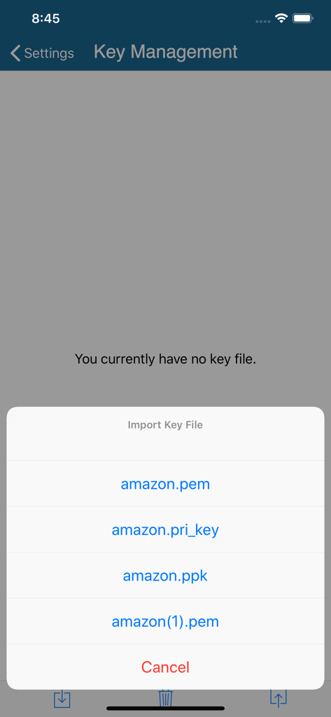 Captura de tela da tela de Gerenciamento de Chaves no iTransfer Pro mostrando um menu para importar arquivos de chave privada SFTP como PEM e PPK