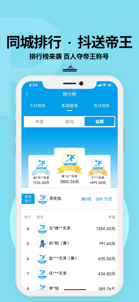 A mobile screenshot showing a delivery driver ranking leaderboard based on earnings with a podium for the top three riders.