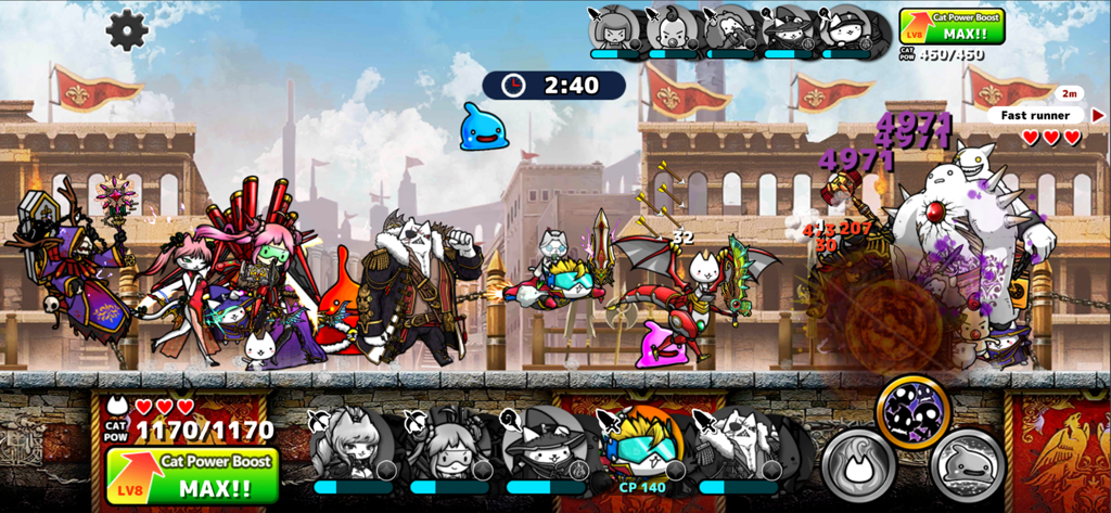 Capture d'écran du gameplay de Cats the Commander montrant une bataille stratégique entre une armée de chats et un monstre géant