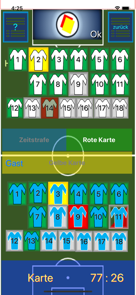 A soccer referee app interface showing player jersey numbers and buttons for assigning yellow cards, red cards, or time penalties.