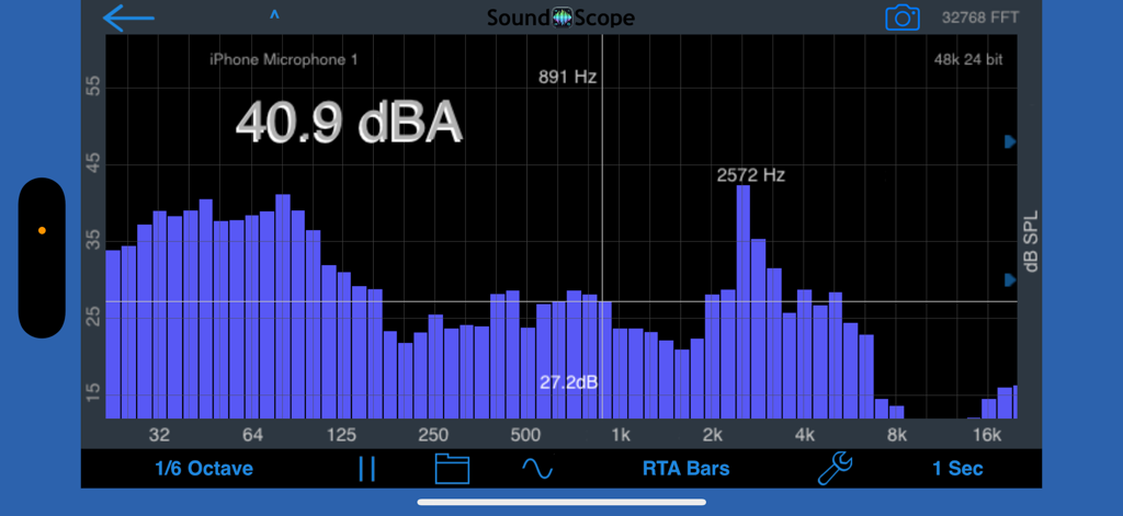 SoundScope VR - SoundScope VR real-time audio spectrum analyzer displaying RTA bar graph with dBA measurement and frequency peaks