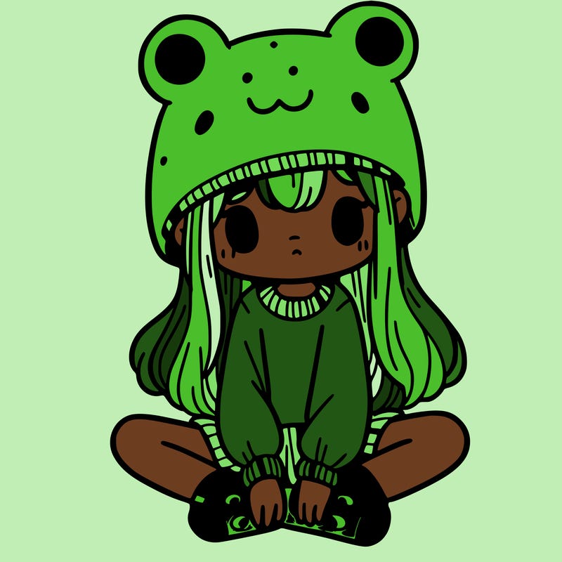 a girl wearing a frog hat and some frog socks