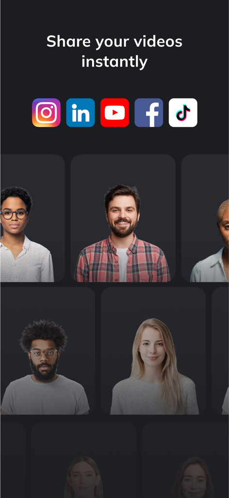 D-ID: AI Video Generator - Interfaccia che mostra icone di condivisione sui social media e una griglia di diversi avatar AI per la generazione di video.