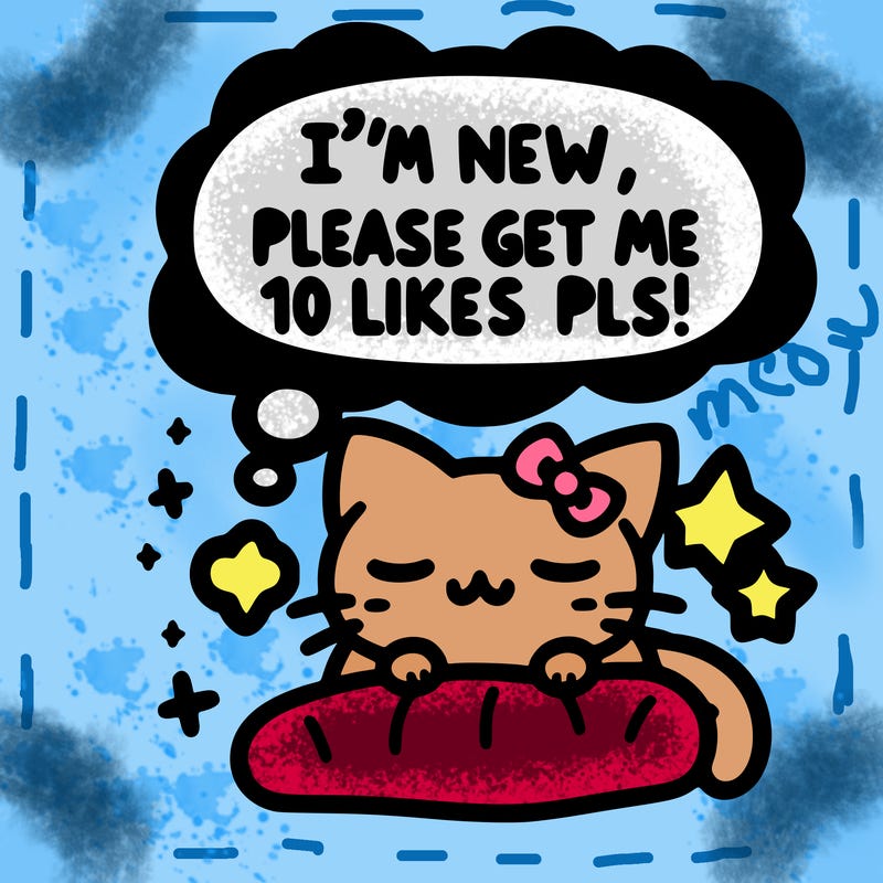 kitty taking a nap dream talking and saying "i'm new, please get me at least 10 likes pls!!"