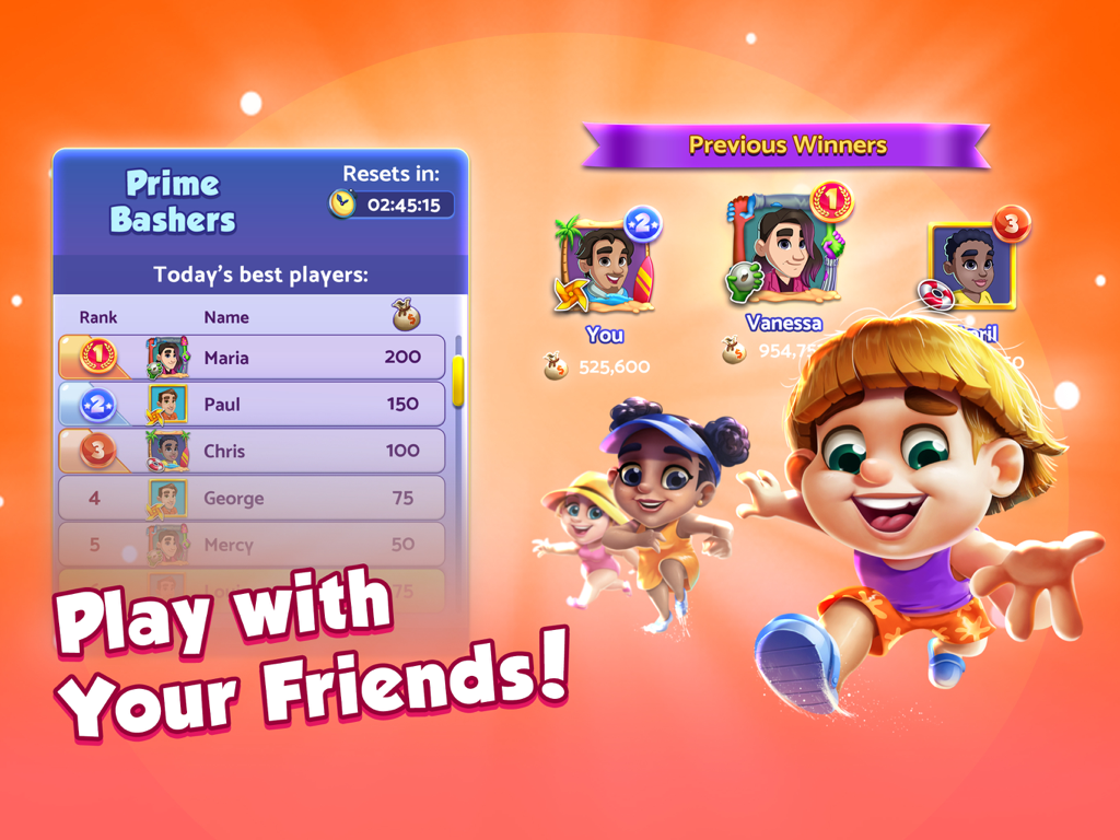 Bingo Bash HD Live Bingo Games - Bingo Bash HD game leaderboard showing top players and a Play with Your Friends message with cartoon characters.