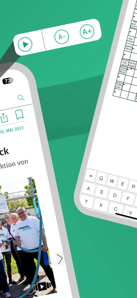 Smartphone-Bildschirme der IKZ E-Paper-App, die Bedienelemente zur Schrifteinstellung, eine Audiowiedergabetaste für Nachrichtenartikel und ein interaktives Kreuzworträtsel zeigen.