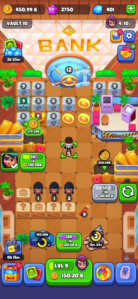 Merge Robbers: Idle Mining - Captura de pantalla del juego Merge Robbers que muestra a ladrones de dibujos animados fusionándose para romper cajas fuertes de bancos y recolectar oro