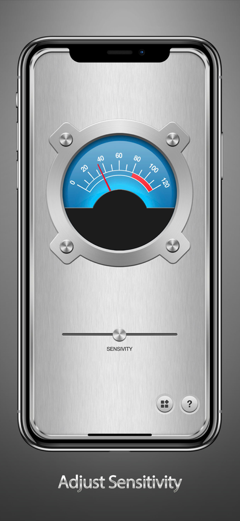 Smartphone screen showing the Stud Finder app sensitivity adjustment feature and detection gauge
