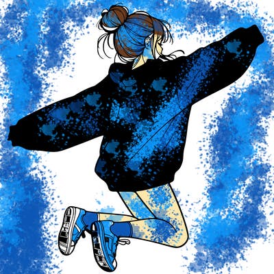 realistic girl jumping with a bun and oversized sweatshirt