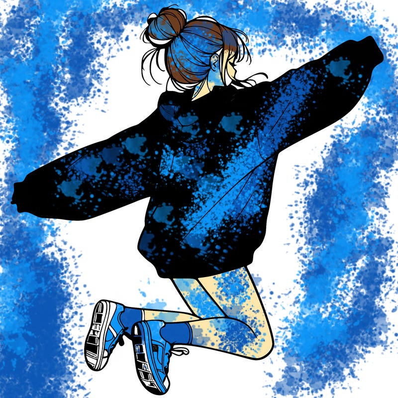 realistic girl jumping with a bun and oversized sweatshirt