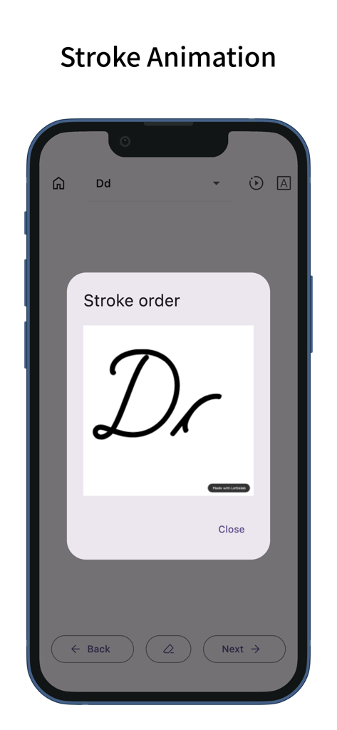 Cursive: Learn Cursive - Animazione dell'ordine dei tratti per la lettera D nell'app di apprendimento del corsivo.