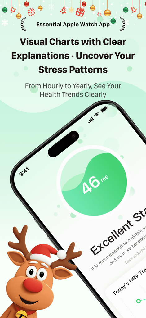 RelaxWatch app on iPhone showing HRV data and stress trends with a Christmas theme