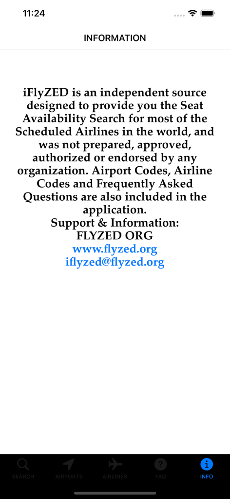 Bildschirm mit App-Informationen von iFlyZED, der Details zur Suche nach Sitzplatzverfügbarkeit und Kontaktinformationen für den Support enthält
