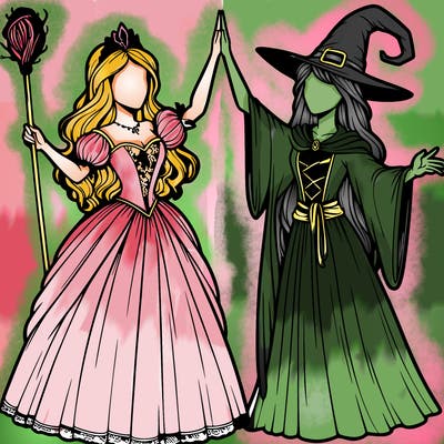 detailed realistic split of a princess and a witch