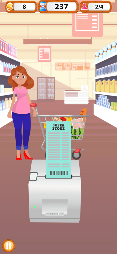 A grocery checkout scene in the Supermarket Cashier Simulator game featuring a customer and a long receipt