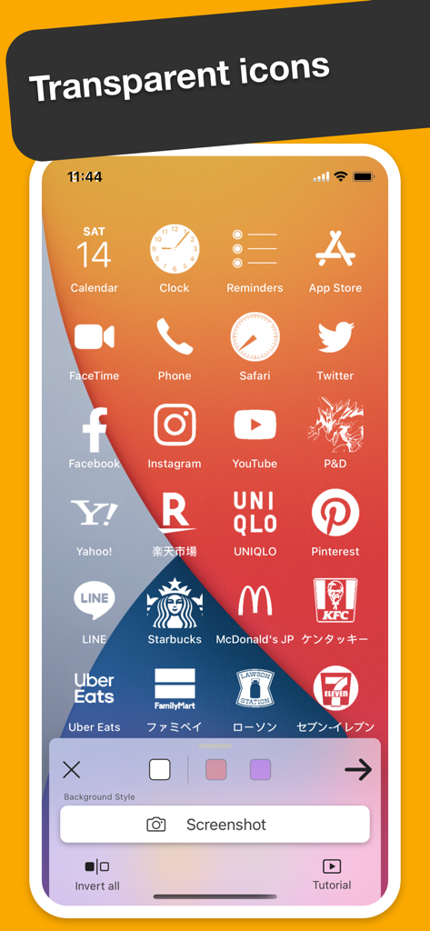 Ycon - Icon Customizer - A phone screen displaying customized white transparent app icons and the Ycon background style editor