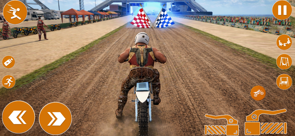 Vista en tercera persona de un piloto de motos de cross en la línea de salida de una pista de carreras con banderas a cuadros