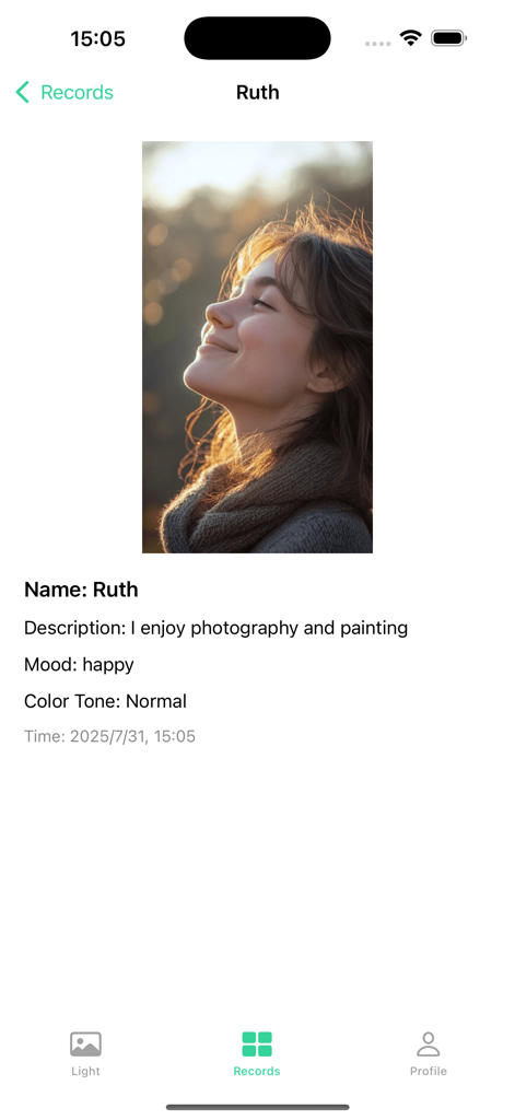 Deggo - Screenshot of the Deggo app showing a user's photo record named Ruth with a portrait photo and lighting details.