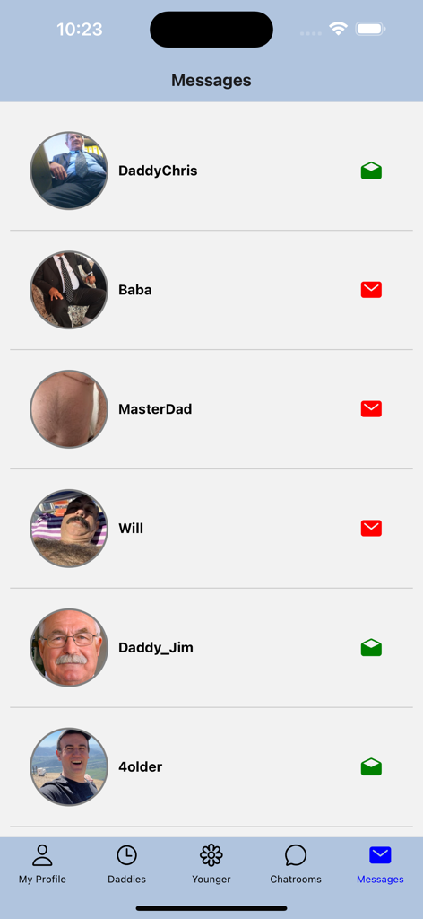 Gay Older Men Chat - Messages inbox screen showing profiles of older gay men in the app