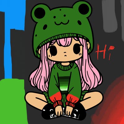 a girl wearing a frog hat and some frog socks