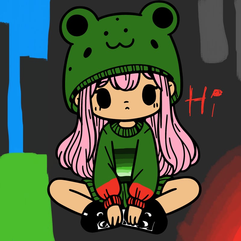 a girl wearing a frog hat and some frog socks