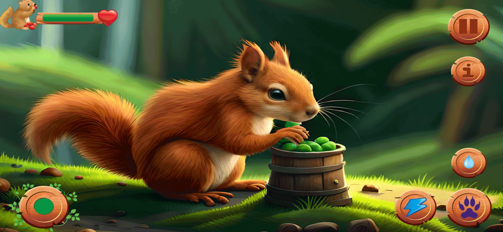 Flying Squirrel Animal Game 3D - A red squirrel eating green berries from a wooden barrel in a forest setting from the 3D simulator game.