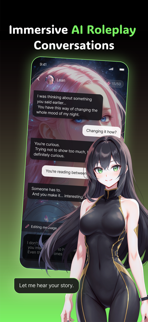 Spark – AI Roleplay Chat - Smartphone screen displaying immersive AI roleplay chat with an anime character
