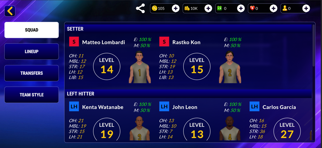 Spike Masters 3D Volleyball - Squad management screen in Spike Masters 3D Volleyball showing player levels and stats