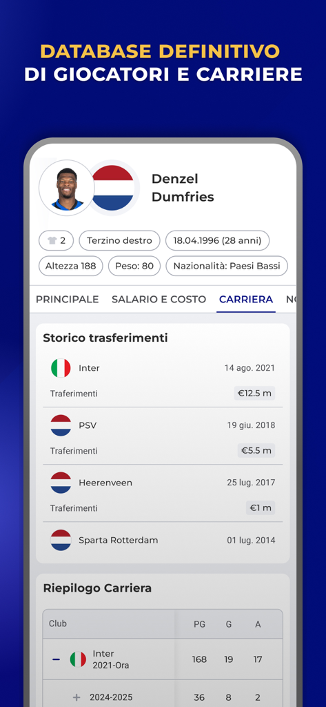 Inter Live - News & Matches - A player profile page for Denzel Dumfries showing transfer history and career statistics within the Inter Live app