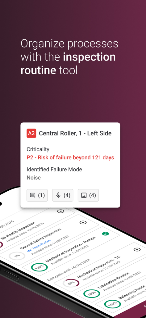 Dynamox App - Dynamox app interface displaying industrial inspection routines and asset criticality details.