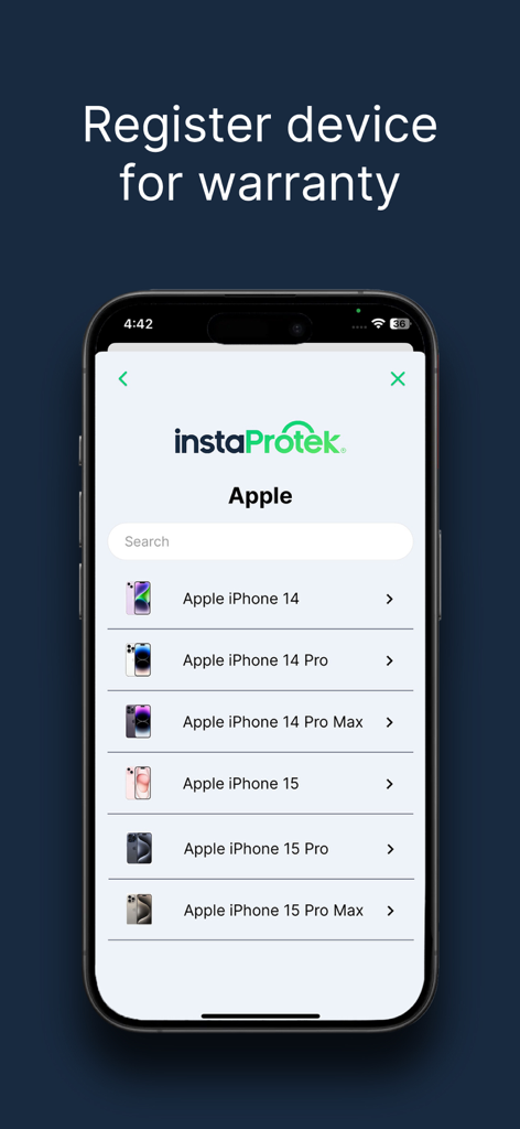 instaProtek app screen displaying a list of Apple iPhone models for warranty registration selection