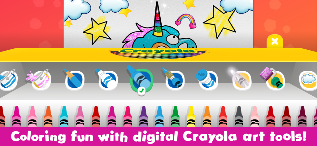 Crayola Create and Play app digital art tools and unicorn coloring screen