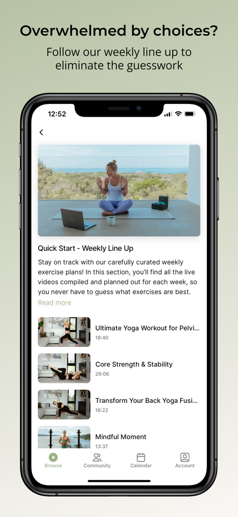 Defy by Dr.Melissa - Defy by Dr. Melissa app screen displaying a curated weekly lineup of core and pelvic floor yoga exercises