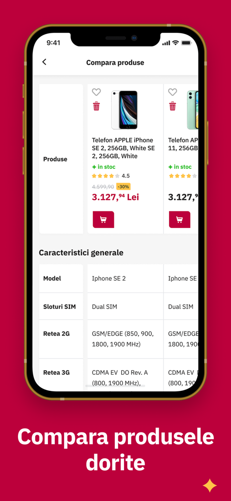 Altex - A comparison screen in the Altex mobile app showing side-by-side technical specifications for two different iPhone models