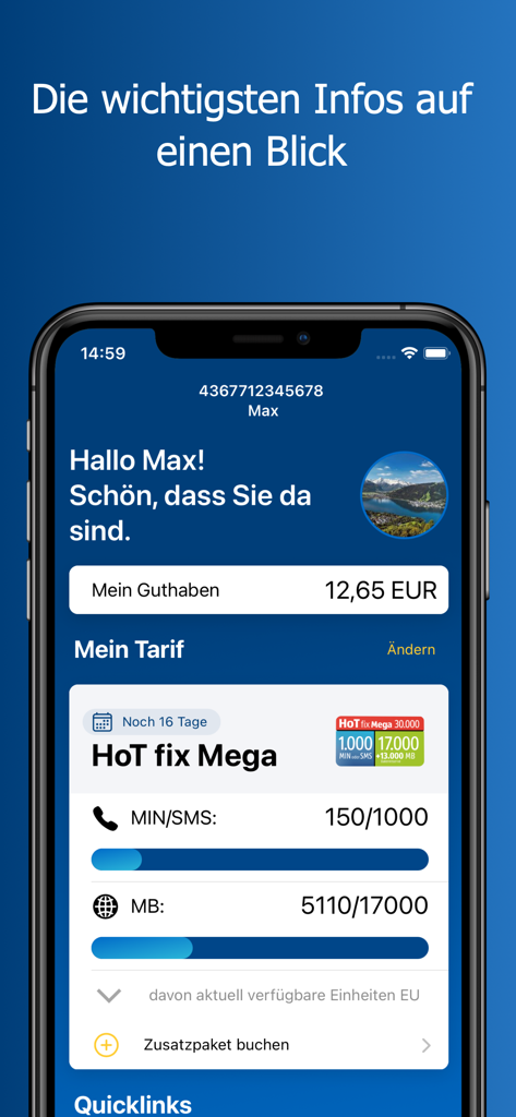 The home screen of the Mein HoT app displaying mobile credit and data consumption status.
