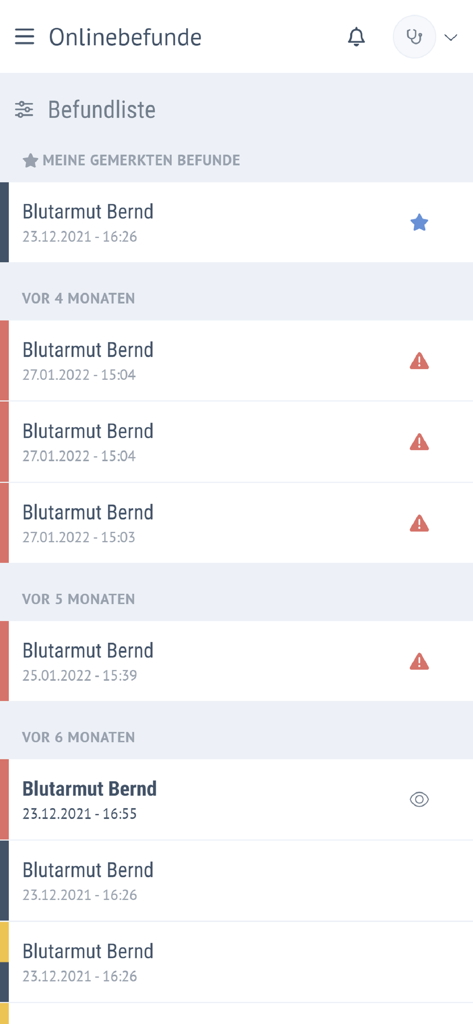 Labor Mustafa / Zentral Labor - Una lista de resultados de informes de laboratorio en la aplicación móvil Labor Mustafa que muestra hallazgos clínicos con iconos de estado