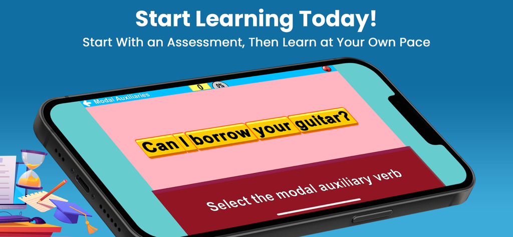 A smartphone screen showing an English lesson on modal auxiliary verbs in the Learning Upgrade app